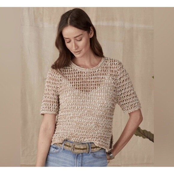 Sundance Sweater Women’s Medium Quinilla Open Knit Tan Crewneck Short Sleeve Top - Picture 2 of 8